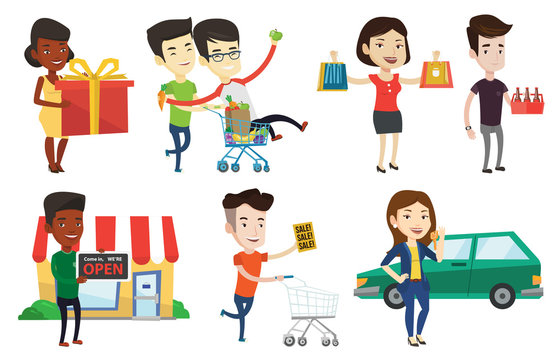 Vector set of shopping people characters.