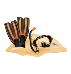 Beach composition. Sand, dive mask, snorkel, flippers. Vector illustration. Vector illustration - 152305710