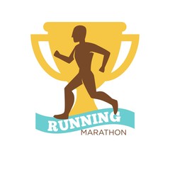 Running marathon man on background of golden reward cup logotype