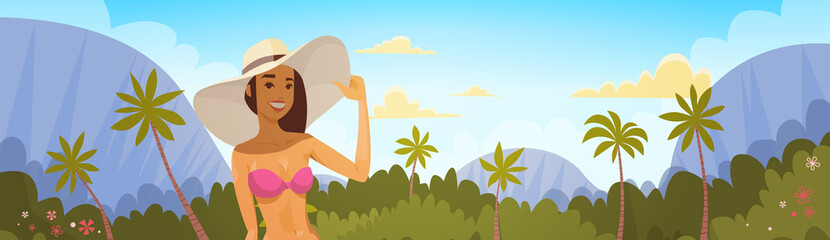 Obraz na płótnie Canvas Tanned Woman In Bikini Over Tropical Forest Background, Sexy Girl Wear Hat On Summer Sea Vacation Flat Vector Illustration