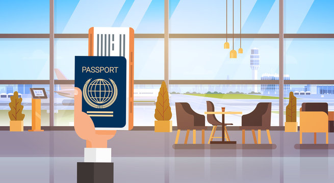 Hand Holding Passport Ticket Boarding Pass Travel Document Airport Background Flat Vector Illustration