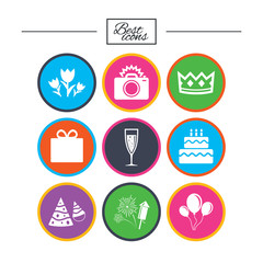 Party celebration, birthday icons. Fireworks.