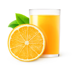 Isolated drink. Glass of orange juice and one slice of fruit isolated on white background with clipping path