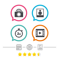 Photo camera icon. Flash light and video frame.