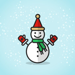 Happy winter snowman with mittens and scarf. Christmas Line art color icon for apps and websites. Vector