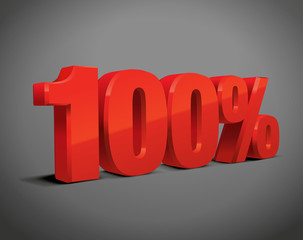 100% percent, 3D object, vector, eps10. Red sign of sale, quality, original, guarantee, natural