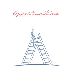 Business opportunitites vector concept symbol with businessman standing on a ladder. Sketch hand drawn style.