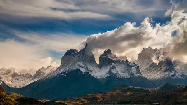 The movement of clouds over the towers of Cuernos. Parque Torres del Paine, Patagonia
