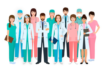 Group of doctors and nurses standing together in different poses. Medical people. Hospital staff.