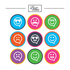 Smile icons. Sunglasses, mustache and laughing.