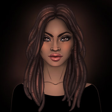African American pretty girl. Raster Illustration of Black Woman with dread locks glossy lips. Great for avatars.