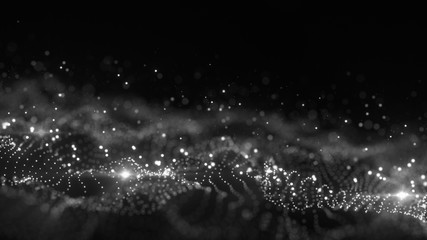 Field of glowing particles on black selective focus