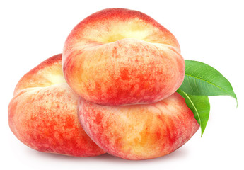 Three fresh ripe peaches in heap with green leaf isolated on white background.  Design element for product label, catalog print, web use.