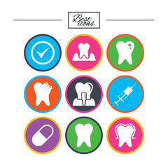 Tooth, dental care icons. Stomatology signs.