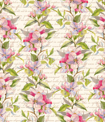 Hand-drawn seamless watercolor pattern with apple blossom. Spring tender background with pink apple flowers and letters