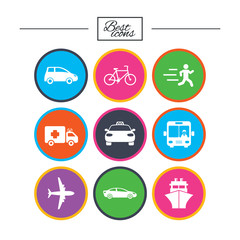 Transport icons. Car, bike, bus and taxi signs.
