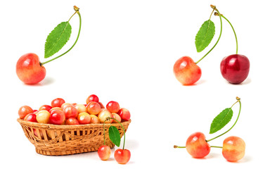 Red and yellow sweet cherry isolated on white background. Collection or set