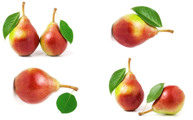 Pear with leaf isolated on white background. Set or collection