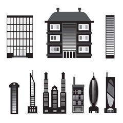 Obraz premium Set of black silhouettes of houses isolated on white background.