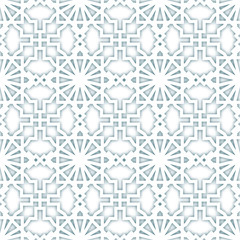 White arabesque texture. Islamic background. Arabian vector illustration. Geometric white 3d realistic background for your design. Muslim fashion. Seamless pattern with lines and shadows for backdrop