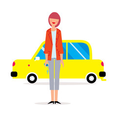 Casual style woman holding car keys and standing in front of her new small yellow car. Vector illustration