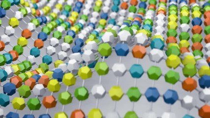 Colorful atom grid structure waving. Abstract science fiction 3D render concept. Smooth animation with motion blur seamless loop 4k UHD (3840x2160) 

