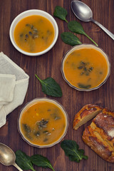pumpkin soup with spinach and corn bread