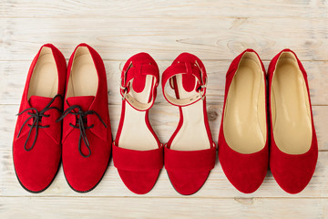 Women's shoes (sandals, ballet flats, oxfords) red color.