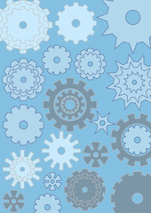 Cogwheels on blue background, techno design, gears in different size, white and grey