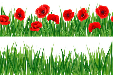 Three horizontal seamless patterns with grass and flowers