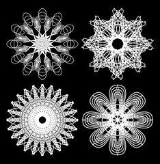 Spirograph circle lace patterns, design elements in white outline on black background, gorgeous symmetric geometric shapes