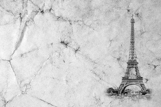Fototapeta Eiffel Tower in Paris. Vintage view background. Tour Eiffel old retro style photo with cracks crumpled paper. Postcard style. 