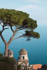Fototapeta na wymiar Aerial view to old buildings above the sea in Ravello, Amalfi coast, Italy