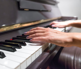 Fototapeta premium Young woman hands playing on piano (shallow DOF)