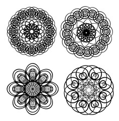 Circle lace patterns, design elements in black outline design, gorgeous symmetric geometric spirograph shapes