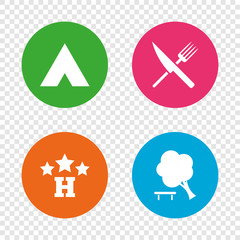 Food, hotel, camping tent and tree signs.