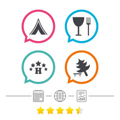 Food, hotel, camping tent and tree signs.