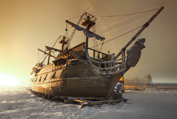 Vintage wooden sailing ship night on the snow in the field - obrazy, fototapety, plakaty