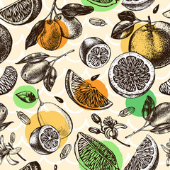 Decorative seamless pattern with ink hand-drawn kumquats, grapefruit and citrus slices. Vector illustration. - 152328361