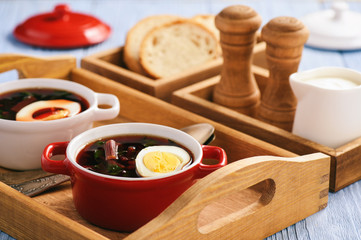 Homemade cold beetroot soup with egg.