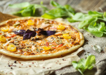 Pizza on a table with natural light