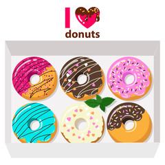 Delicious donuts in box on white background with letters: i love donuts. Vector illustration