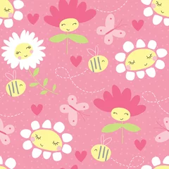 Foto op Aluminium seamless spring flowers with bees and butterflies pattern vector illustration © Larienn