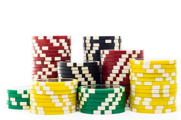 Poker chips stack with red, yellow, black, green