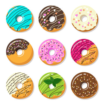 Donut vector set isolated on a white background in a modern flat style.Isolated illustration, sweet sugar donuts.