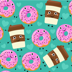 Seamless pattern from cartoon comic coffee cup and donut with smile face. Vector cartoon background.