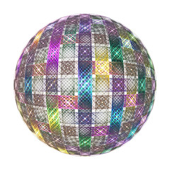 Abstract ornamented golden sphere on white background. Fantasy fractal design in green, yellow, blue and purple colors. Psychedelic digital art. 3D rendering.