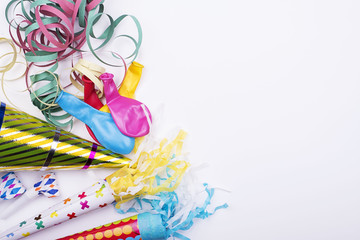 Various party supplies on white background. Celebration.