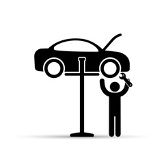 Car on lift and mechanic silhouette icon, vector. Car service repair simple illustration.