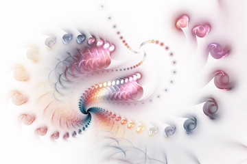 Abstract fantastic sparkling spiral with glossy shapes on white background. Digital fractal artwork in pastel orange, pink and blue colors. 3D rendering.